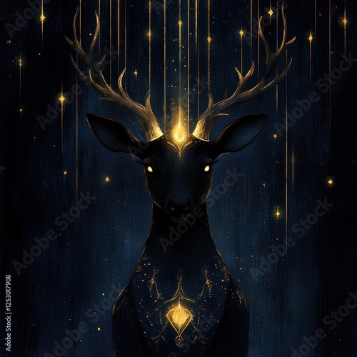 Mystical Stag with Glowing Antlers in Starry Night Background for Fantasy Art and Wildlife Themes photo