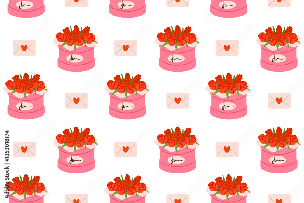 Seamless pattern featuring pink gift boxes filled with red tulips and love letters. A perfect romantic design for wrapping paper or backgrounds.
