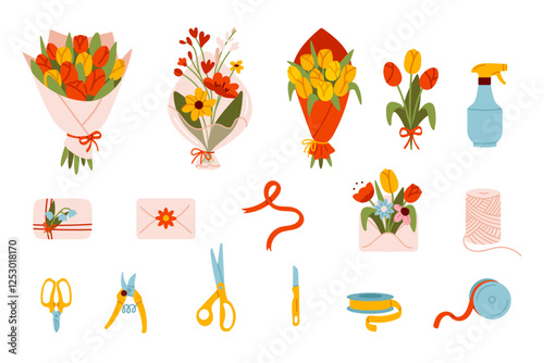 Collection of floral arrangement tools and bouquets, including scissors, ribbons, and gift cards. Perfect for florists and flower shop illustrations