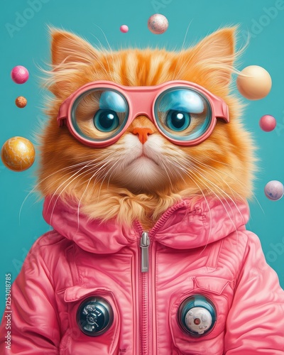 Adorable Ginger Cat in Pink Jacket with Glasses Surrounded by Colorful Planets and Cosmic Elements petfluencer fluencer pet celeb photo