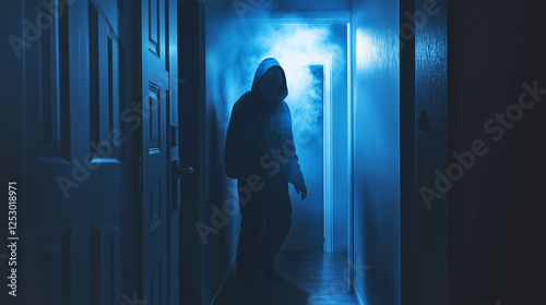 Robber intruder inside home wearing hoodie