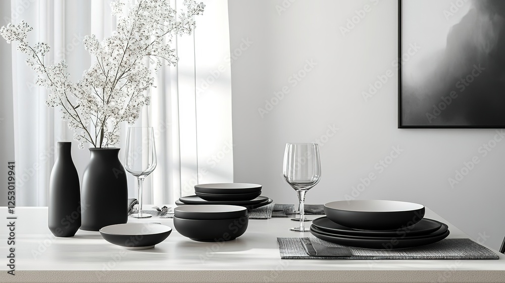 Durable minimalist ceramic dinnerware set in monochrome designs, displayed in a contemporary dining room