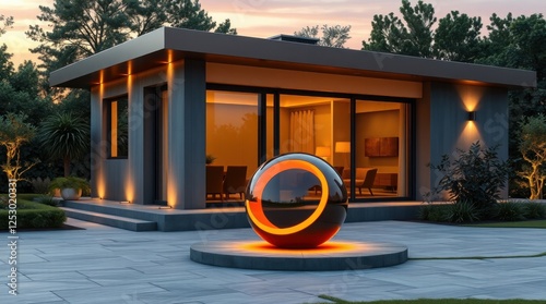 Modern architectural home with vibrant orb sculpture at sunset, showcasing serene outdoor space