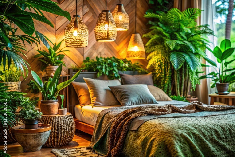 Obraz premium Lush green accents and natural textures create a cozy, inviting bedroom atmosphere. Perfect interior design inspiration.