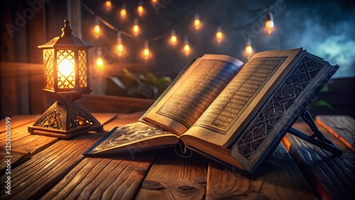 Holy Quran Open on Table at Night, Illuminated Arabic Verses, Islamic Scripture, Night Photography photo