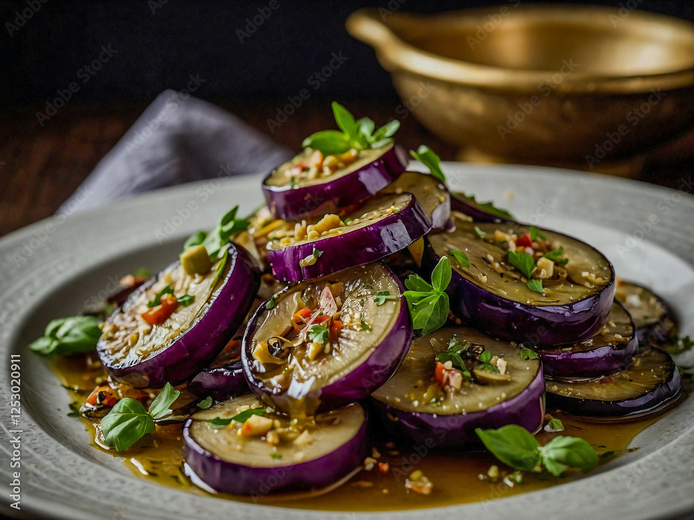 A vibrant eggplant salad with tender slices of eggplant, drizzled with olive oil.