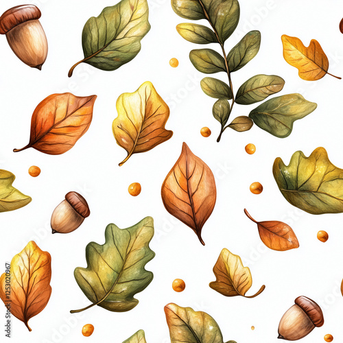 Autumn Seamless Pattern with Leaves in Watercolor Style