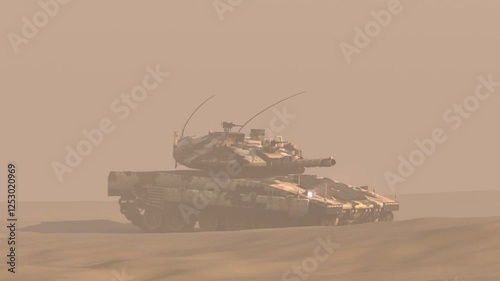 tank rides on the sand and shoots shells.