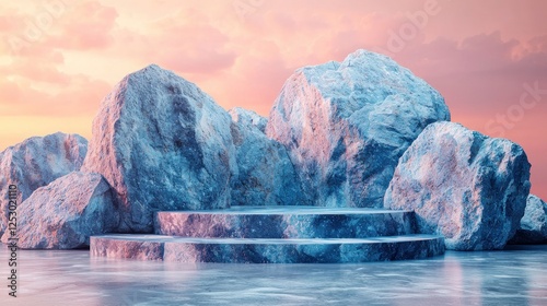 Serene Ice Rocky Formation with Steps Under a Colorful Sunset Sky