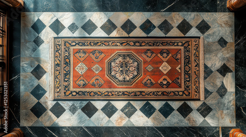 Top down view of spacious room featuring decorative rug on marble floor