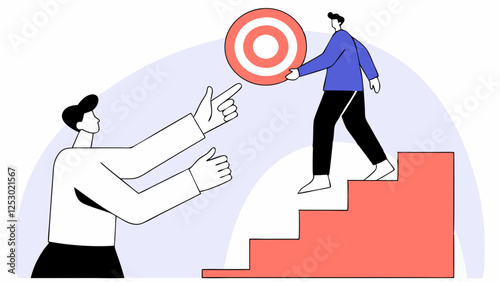 A person is climbing red steps while holding a target, symbolizing progression towards goals. Another figure watches and points towards the target, possibly indicating guidance or motivation.AI