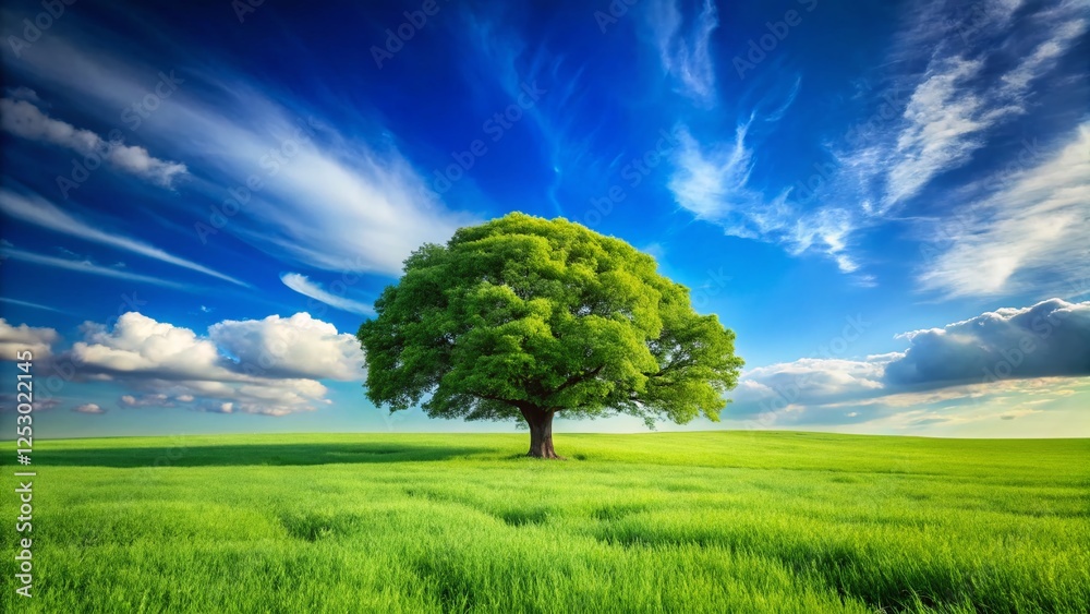 Obraz premium Idyllic Green Field, Lush Tree, Blue Sky Background - Perfect for Web Banners and Websites