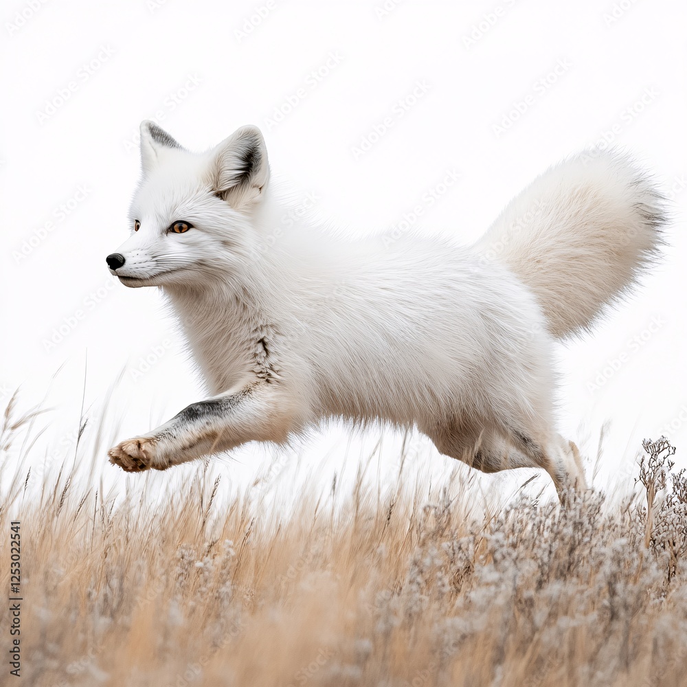 White Arctic Fox Leaping Across Golden Grassland White Arctic Fox Leaping Across Golden Grassland