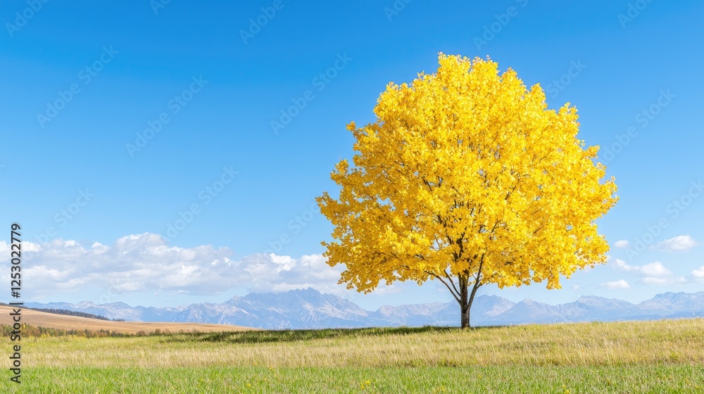 Golden autumn tree in field, mountains background, nature scene Golden autumn tree in field, mountains background, nature scene