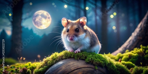 Adorable Dzungarian Hamster Posing on a Log at Night photo