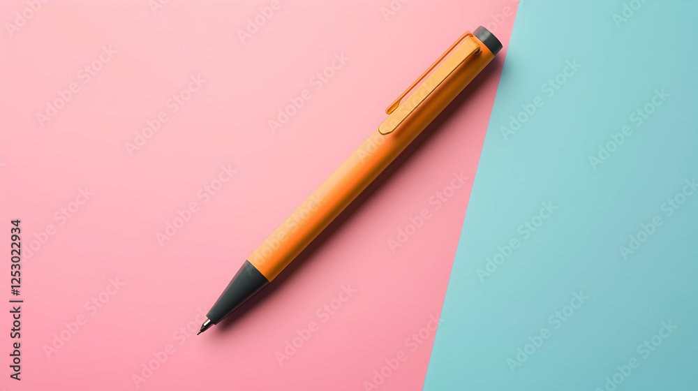 An orange pen with a black clip lying diagonally on a dual-tone pink and blue background, creating a vibrant and modern look. An orange pen with a black clip lying diagonally on a dual-tone pink and blue background, creating a vibrant and modern look.