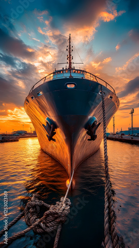 A large ship docked at the port with ropes attached to it, a vibrant sunset in the background
