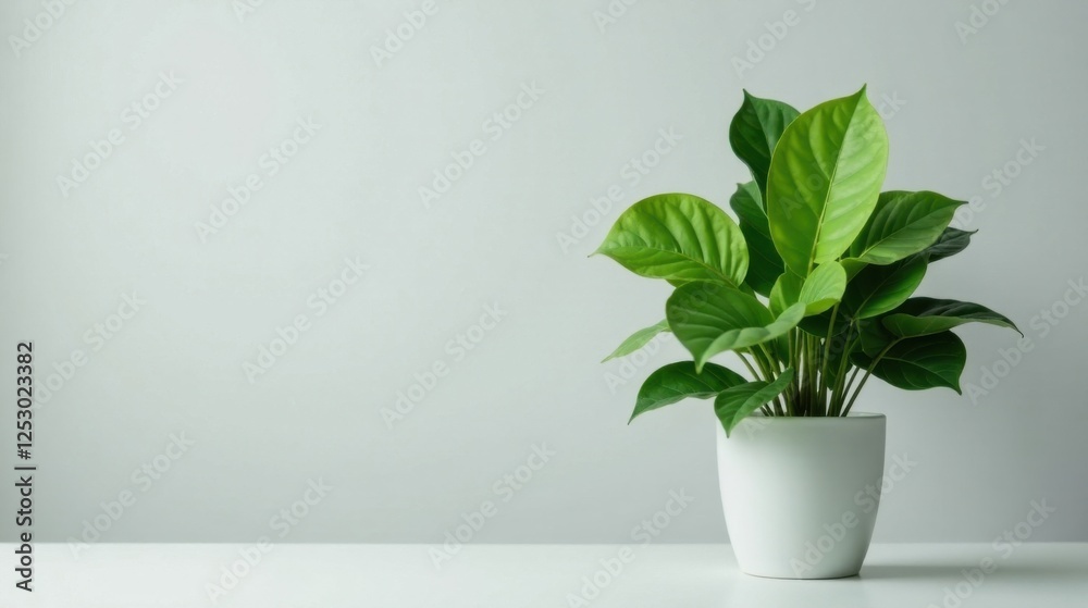 Fototapeta premium Vibrant Green Foliage in a Simple White Pot on a Clean Surface Against a Light Gray Background