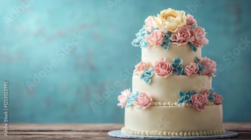 Elegant three-tier wedding cake adorned with pastel floral decorations on a rustic table