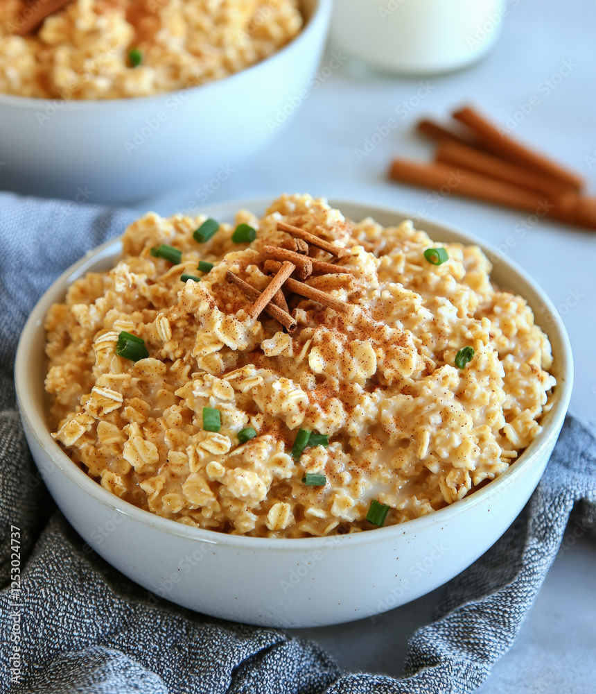 Creamy oatmeal bowl with milk, topped with cinnamon and green onions. comforting breakfast option Creamy oatmeal bowl with milk, topped with cinnamon and green onions. comforting breakfast option