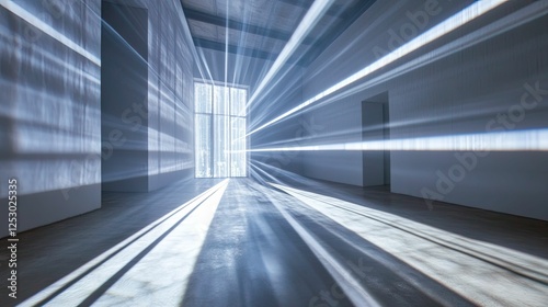 Light beams illuminate a minimalist gallery.