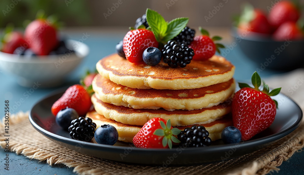 stack of fluffy pancakes topped with fresh strawberries, blueberries, and blackberries on black plate, creating delicious and colorful breakfast scene stack of fluffy pancakes topped with fresh strawberries, blueberries, and blackberries on black plate, creating delicious and colorful breakfast scene