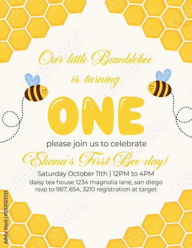 Birthday invitation card vector template design. Bumblebee birthday Party theme with honey comb, honey and honey bee watercolor background.