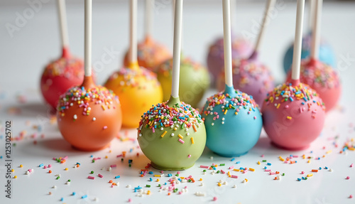 Colorful cake pops with sprinkles on white surface create festive and playful atmosphere. vibrant colors and sweet decorations make them perfect for celebrations and parties