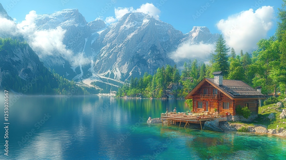 Naklejka premium Serene lakeside cabin surrounded by majestic mountains and lush greenery