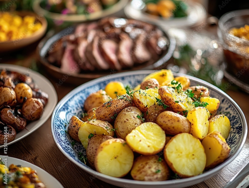 A close-up of a white serving bowl filled with creamy potatoes, garnished and ready to be served. Delicious and healthy comfort food. A close-up of a white serving bowl filled with creamy potatoes, garnished and ready to be served. Delicious and healthy comfort food.