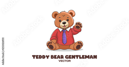 Vector cartoon cute plush brown smiling teddy bear in red sweater and lilac tie. Toon soft cuddly sitting childish toy greets and waves paw. White isolated background