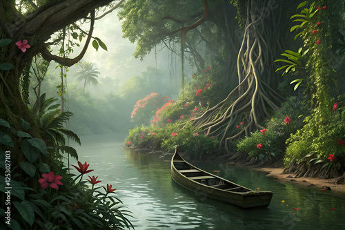 amazon rainforest, Tranquil River Scene With Canoe Boat In Jungle Landscape With Lush Greenery And
