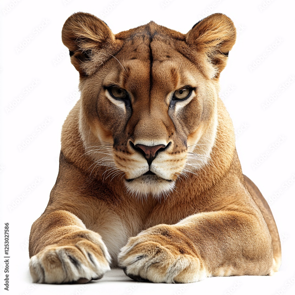 Obraz premium Majestic Lioness Rests Gracefully On White Background