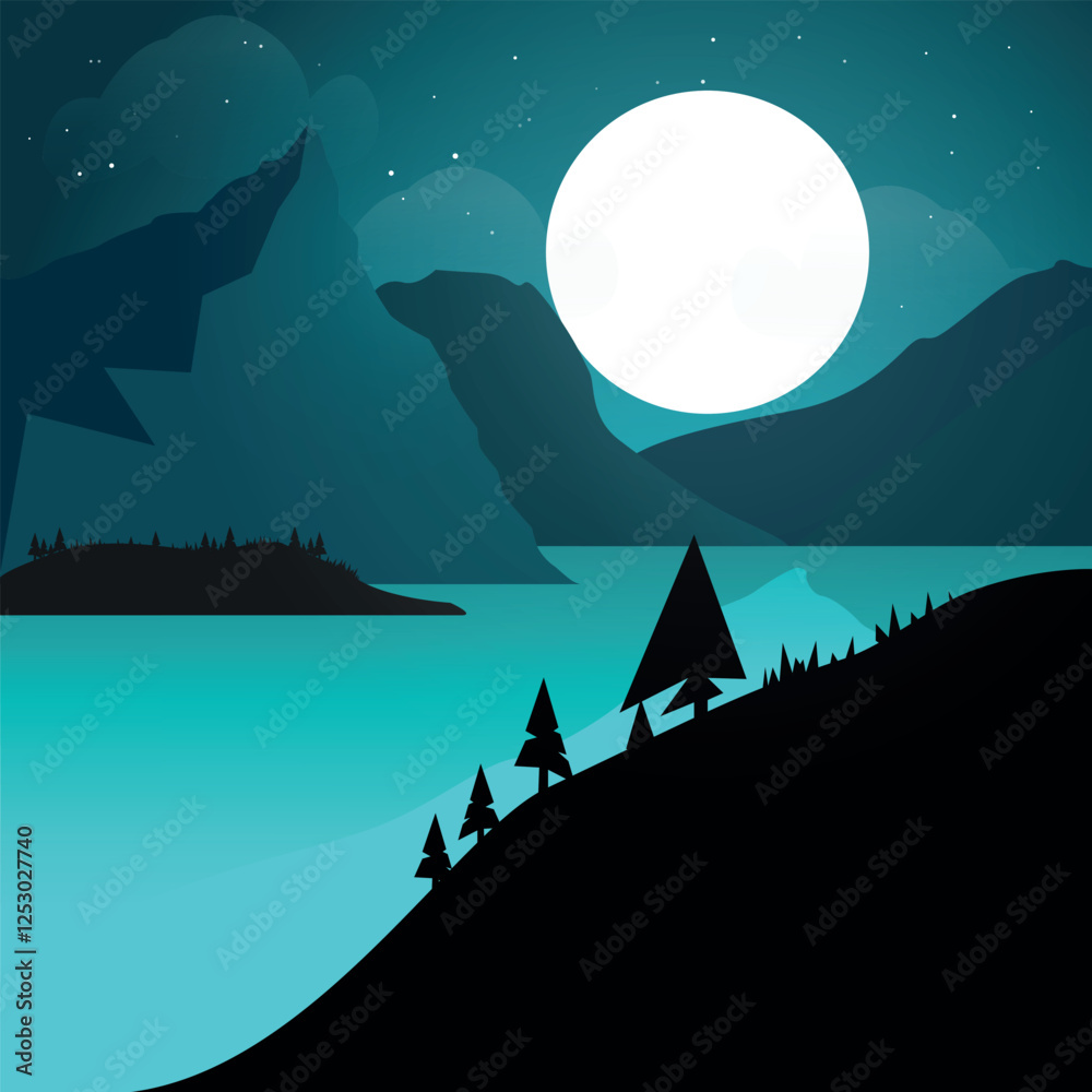 Arte digital minimalista de uma paisagem noturna com montanhas, um lago e uma grande lua cheia iluminando a cena. A composição apresenta tons frios de azul e preto, criando um ambiente sereno e mister