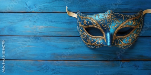 Mystical Venetian mask on blue textured background. Traditional Italian theatrical performance elements. photo