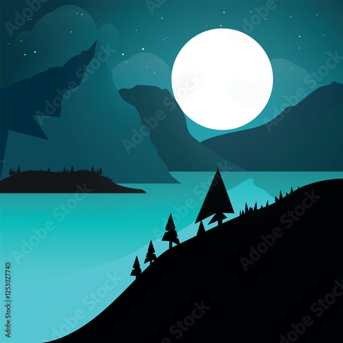 Arte digital minimalista de uma paisagem noturna com montanhas, um lago e uma grande lua cheia iluminando a cena. A composição apresenta tons frios de azul e preto, criando um ambiente sereno e mister