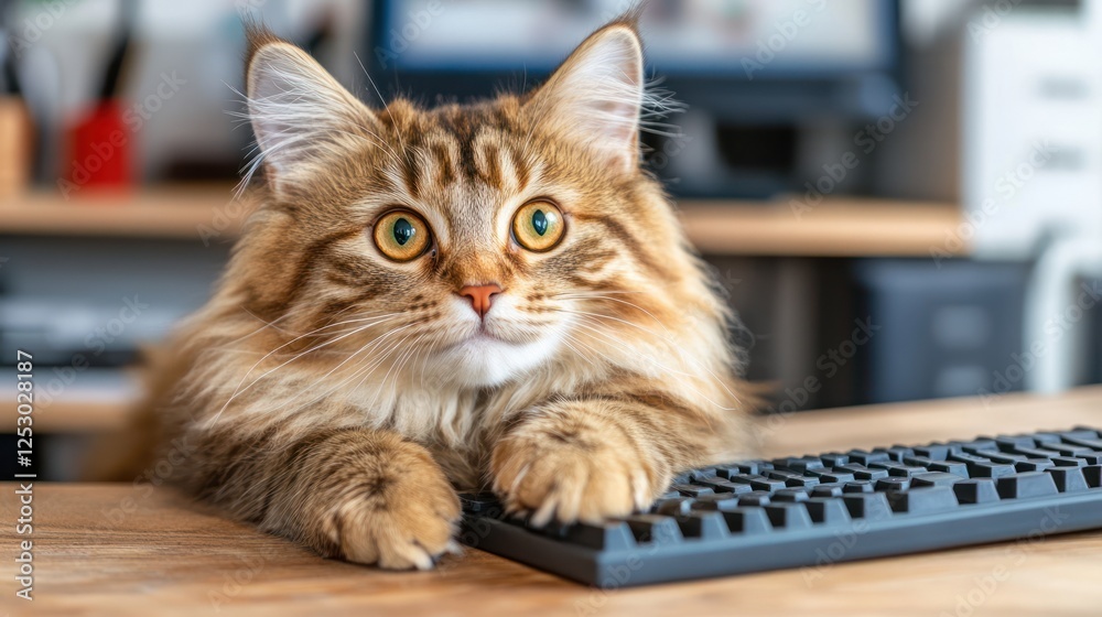 Curious fluffy cat with bright eyes sitting on a desk near a computer keyboard in a cozy home office setting Curious fluffy cat with bright eyes sitting on a desk near a computer keyboard in a cozy home office setting