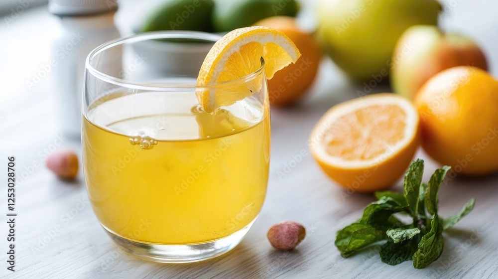 Refreshing Fruit Infused Drink on White Tabletop