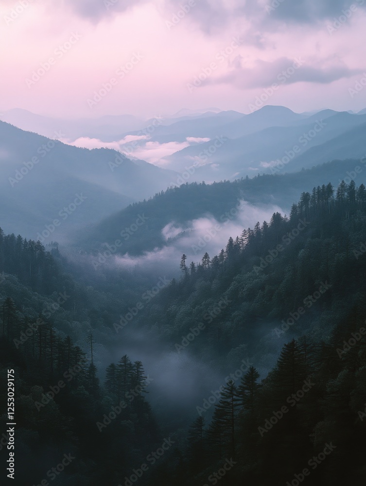 Breathtaking view of mist-shrouded mountains, forested hills and pink sky. A serene wilderness landscape. Breathtaking view of mist-shrouded mountains, forested hills and pink sky. A serene wilderness landscape.