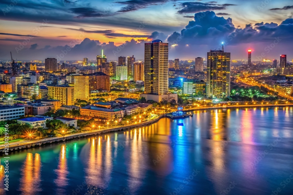Fototapeta premium Lagos Island Skyline at Night - Dramatic Low Light Cityscape Photography