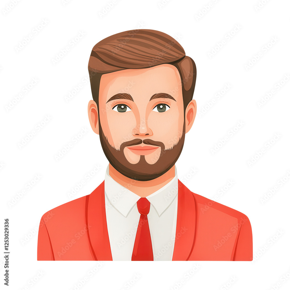 A digital illustration of a man with a beard, wearing a red suit, white shirt, and red tie, featuring styled hair and a confident expression. A digital illustration of a man with a beard, wearing a red suit, white shirt, and red tie, featuring styled hair and a confident expression.