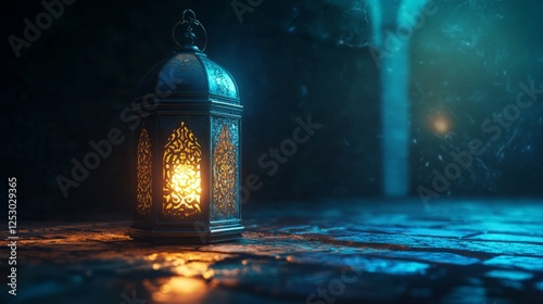 Glowing arabic lantern with intricate metalwork casting warm light on a dark background, symbolizing ramadan kareem with a spiritual and festive atmosphere, ideal for islamic holiday celebrations, tra photo