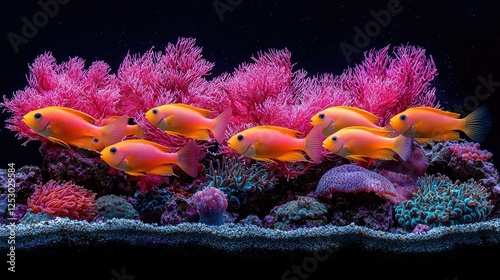 Orange fish swim amidst vibrant pink coral reef photo