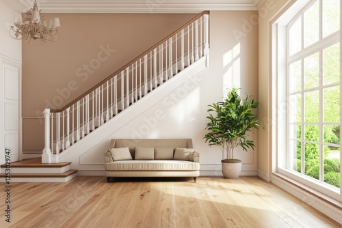 Bright and Airy Modern Living Room Featuring Elegant Staircase and Lush Greenery