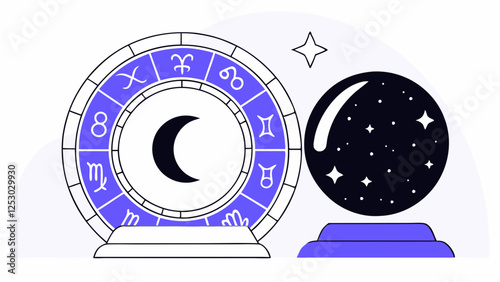 A circular zodiac wheel displaying various astrological symbols is situated next to a crystal ball filled with stars, suggesting themes of astrology and divination.AI