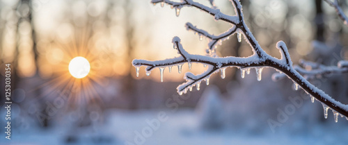 Frostbitten tree branch with icicles in snowy forest at sunrise, winter beauty photo