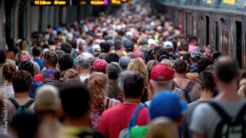 Crowded subway platform, commuters travel, city transit