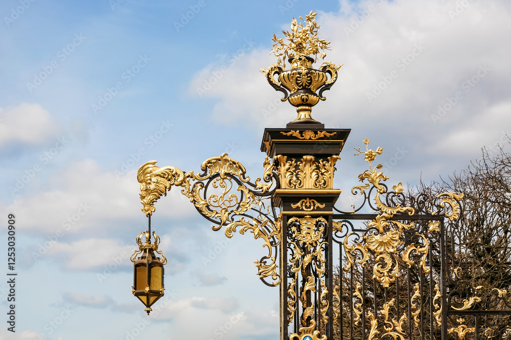 A gold and black gate with a gold and black lamp hanging from it in Nancy France