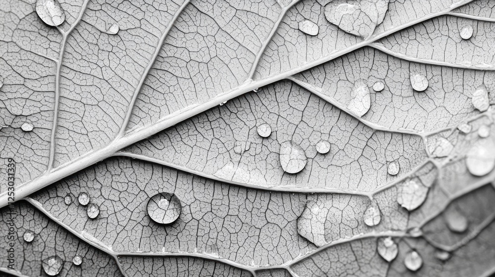 Fototapeta premium Monochromatic Leaf with Dewdrops: A Macro Study of Nature's Intricate Details