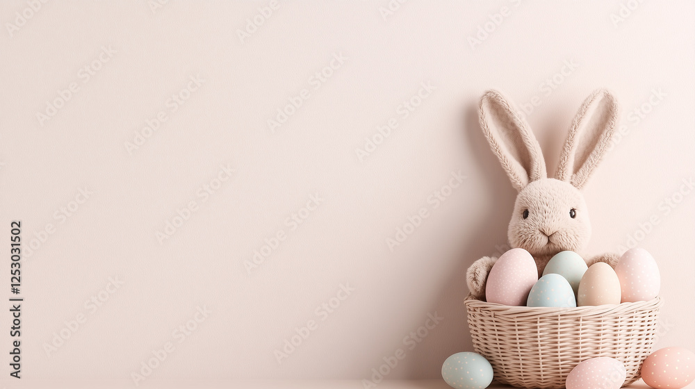 Obraz premium Bunny carrying a basket of eggs. The plain background emphasizes the joyful, pastel-filled basket.